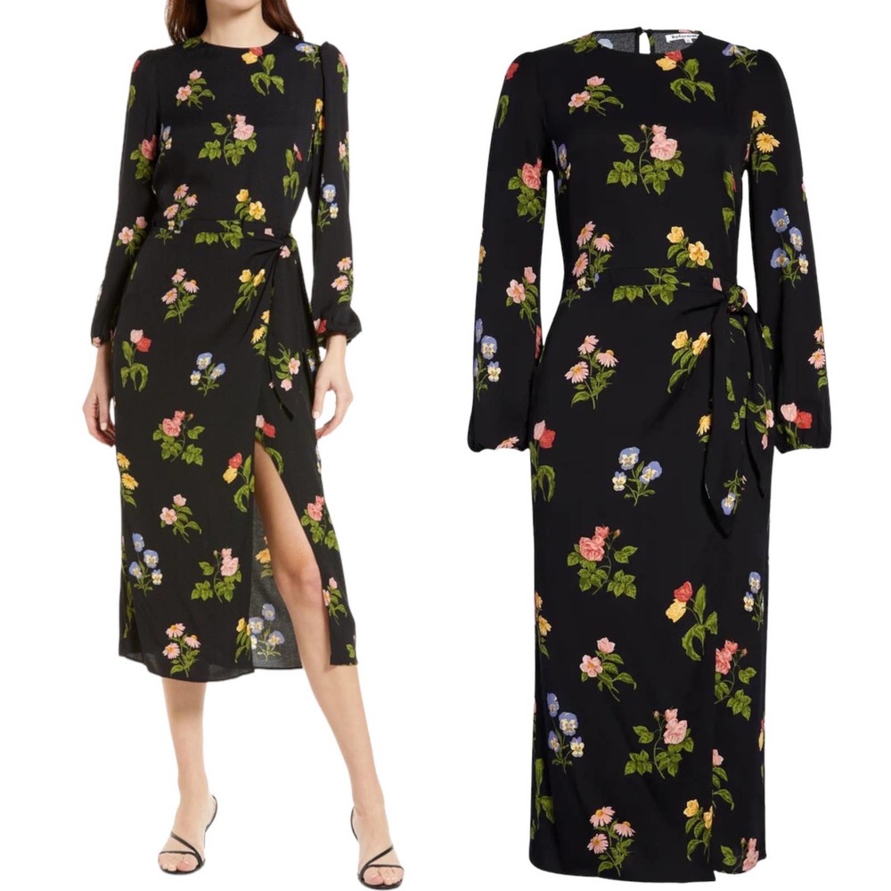 Reformation Reza Wrap Midi Dress Black Floral Long Sleeve Size 2